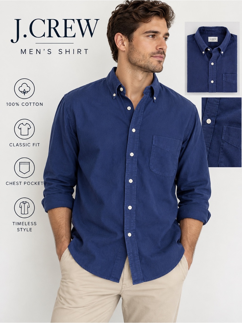 J.Crew Cotton Button-Down Shirt Men’s Large Slim Fit Navy Blue 100% Cotton
